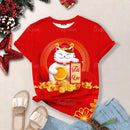 the LUCKY CAT - Lucky Cat Cartoon Print Fashion Casual Short Sleeve Oversized T-Shirts for Women