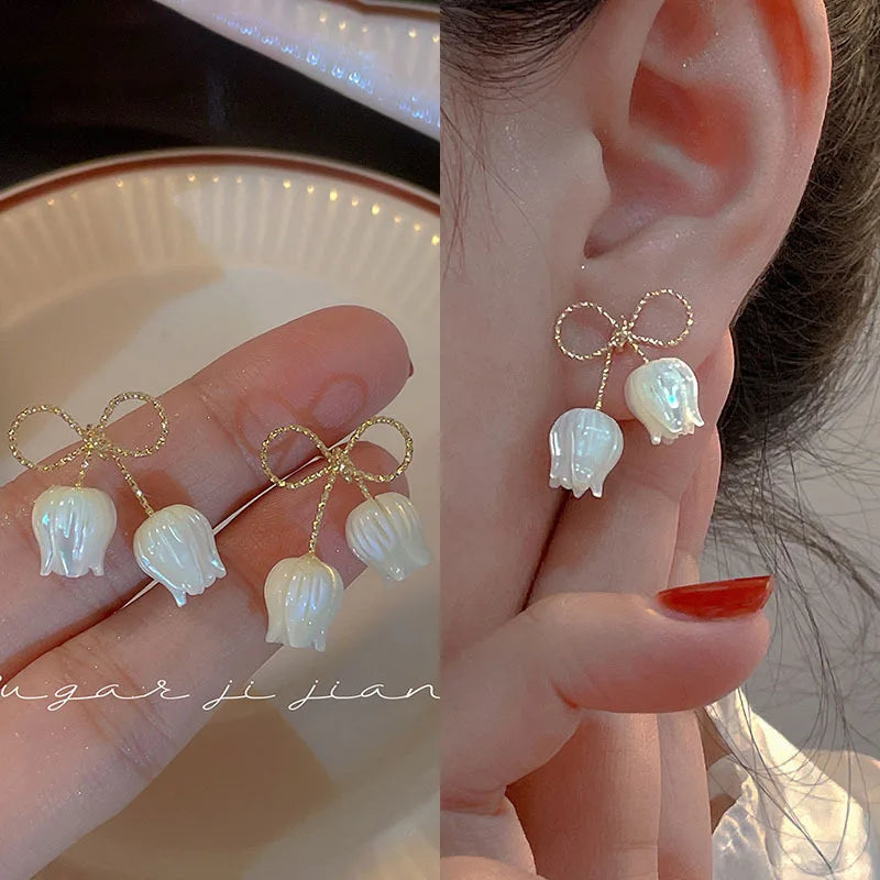 the WHITE TULIPS - Fashion Hollow Bowknot White Tulip Fritillary Stud Earring Christmas Gift