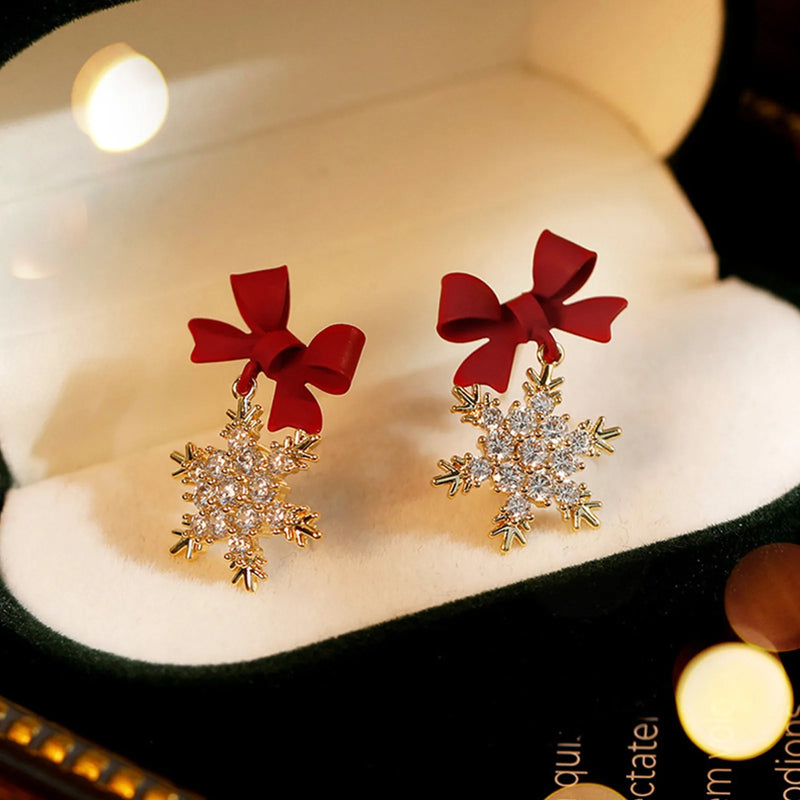 the SNOWFLAKE - Red Bow Knot Snowflakes Drop Earrings for Women Christmas Santa Claus Snowman Earrings Girls Xmas Jewelry Gifts