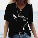 the CAT SILHOUETTE - 3D Print Oversized V-Neck Cat Fashion T-Shirts for Women