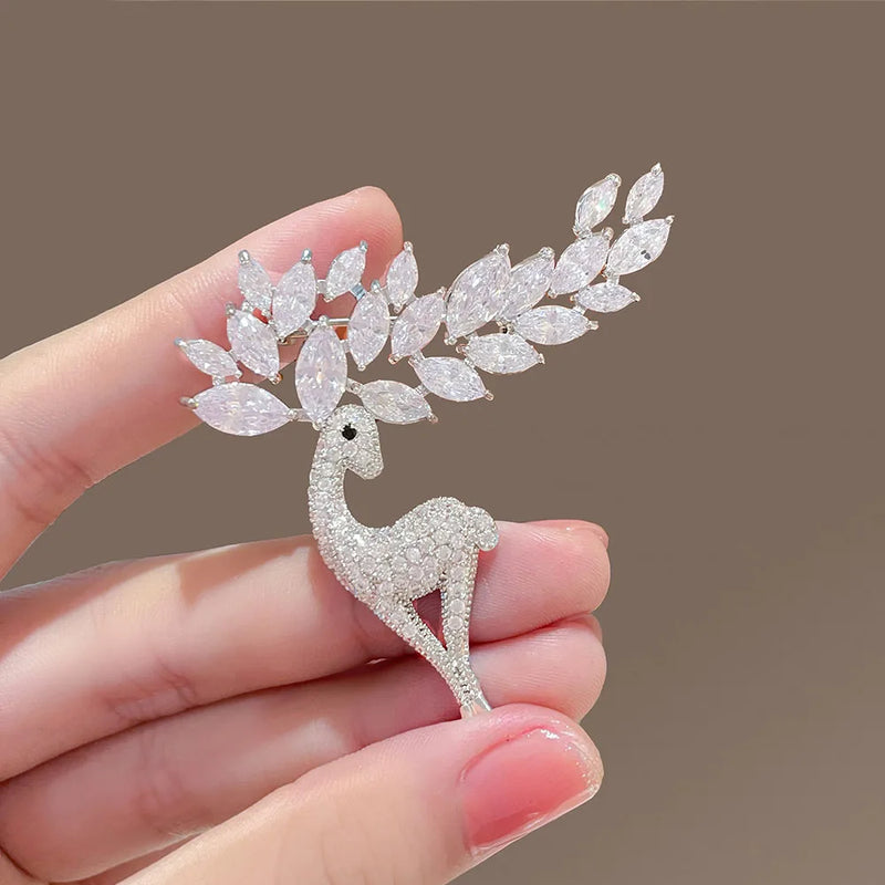 the RHINESTONE COLLECTION - Fashion Full of Rhinestone Deer Brooch Pin Gold Plated Silver Color Crystal Animal Christmas Jewelry Gifts