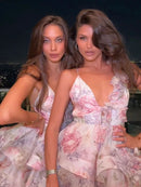 the BALLERINA - Flower Print Fluffy, Women's Lace Up Slimming Strap Party Gown Pleated Skirt Hemline Halter Beach Suspender Dresses