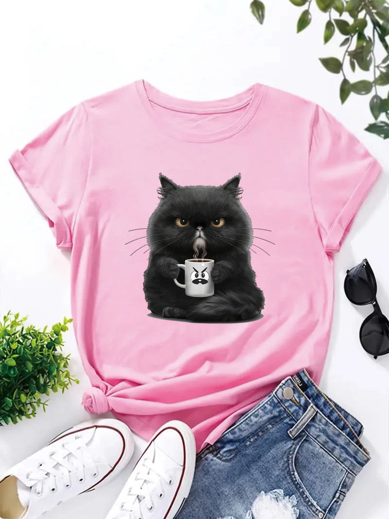 the GRUMPY COFFEE CAT - Cute Coffee Drinking Cat Short Sleeved O-Neck Casual T-Shirt for Women