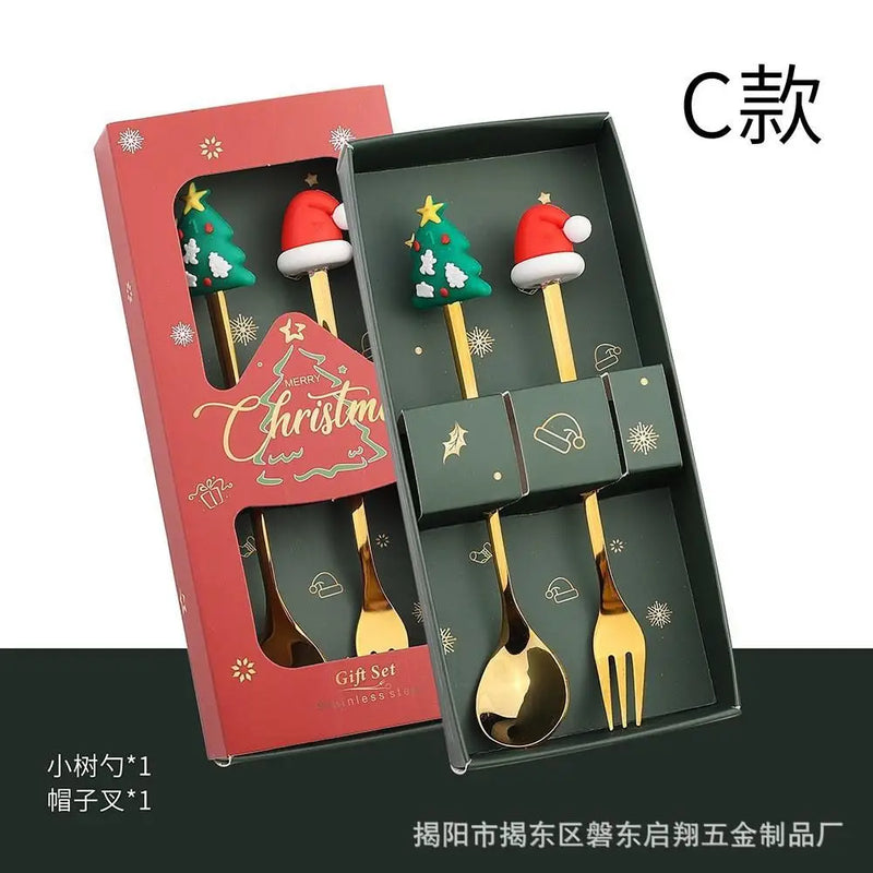 the FANCY SERVING - Christmas Gift Elk Head Christmas Tree Shape Stainless Coffee Spoon Set New Year Christmas Decoration Navidad 2025 Gifts