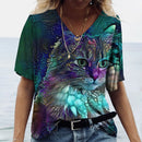 the RAINBOW KITTY - V-Neck T-shirt Women's Summer Casual Oversize Dazzle Color Cats Print Shirt Short Sleeve Top Vintage Streetwear