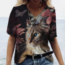 the RAINBOW KITTY - V-Neck T-shirt Women's Summer Casual Oversize Dazzle Color Cats Print Shirt Short Sleeve Top Vintage Streetwear