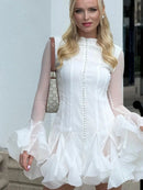 the EVENING ORCHID - Fashion Ruffles Edge Single Breasted Women's Dress, Fashion Long Lantern Sleeve High Waist Mini Dresses