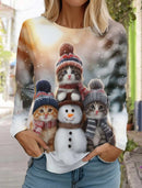 the CHRISTMAS CATS - Fashion Christmas Long Sleeved Casual Christmas Cute Cat & Dog Holiday T-Shirts for Women