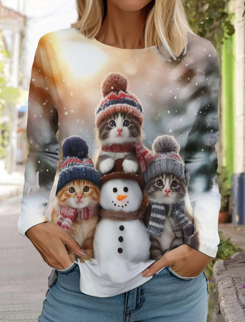 Fashion Christmas Women's Long Sleeved T-shirt Casual Christmas Cute Cat&Dog Holiday gifts Tops Harajuku Animal Women's Clothing