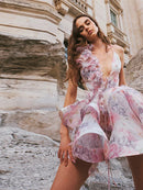 the BALLERINA - Flower Print Fluffy, Women's Lace Up Slimming Strap Party Gown Pleated Skirt Hemline Halter Beach Suspender Dresses