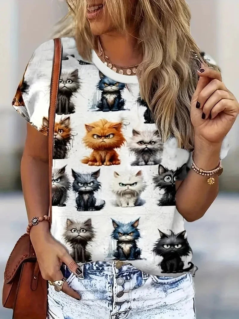 the COLORFUL CAT - 3D Cat Printed Short Sleeved Oversized Pullover T-Shirts for Women