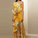 the LEMON DROP - New Party Floral Print Dress Ladies Elegant Diagonal Collar Long Dress Hollow Off Shoulder High Waist Banquet Dress