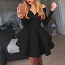 the ROYALE - Elegant Women Long Sleeve V-Neck Off Shoulder Large Swing Ruffled Hem Mini Dress