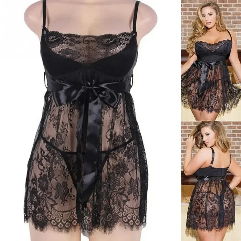 the BLACK BEAUTY - 5XL Plus Size Erotic Babydoll Women Sexy Lingerie Underwear Lace See Through Dress with Panties Set Costumes Sleepwear