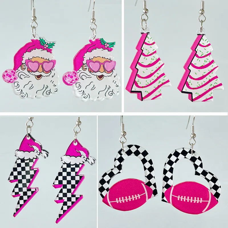 the PINK RETRO - Popular Pink Christmas Earrings Santa Claus Christmas Tree Lightning Retro Acrylic Earrings Christmas Decoration