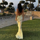 the LEMONELLO - Yellow Sequins Maxi Beach Dress, Women Sexy Backless Slim Party Fishtail Dress, Summer Mesh Patchwork Sheer Holiday Dress