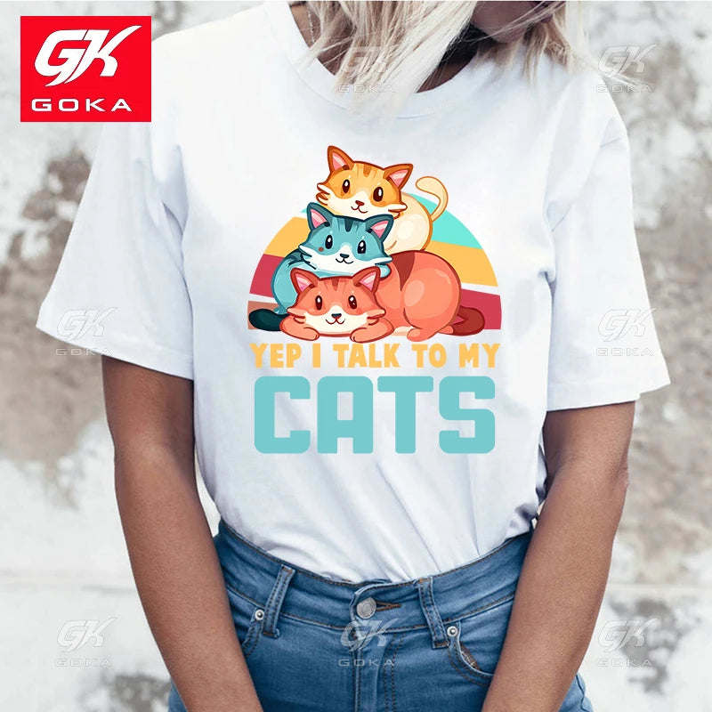 the CAT TALKER - Yep. I Talk to My Cats Printed Cotton Short Sleeve Round Neck Casual Creative T-Shirts for Women