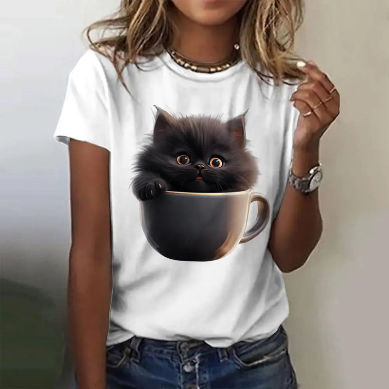 the GRUMPY CAT - Cat 3D Print Casual Short Sleeve Crew Neck Pullover Oversized Fashion Streetwear T-Shirts for Women