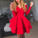 the ROYALE - Elegant Women Long Sleeve V-Neck Off Shoulder Large Swing Ruffled Hem Mini Dress