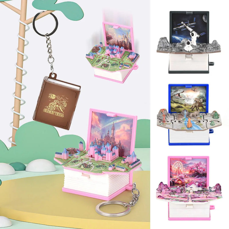 the NEVER ENDING STORY - Mini 3D Folding Book Keychain Popup Dinosaur Astronaut World Keyring for Kid Children Toy Dinosaur Christmas Gift