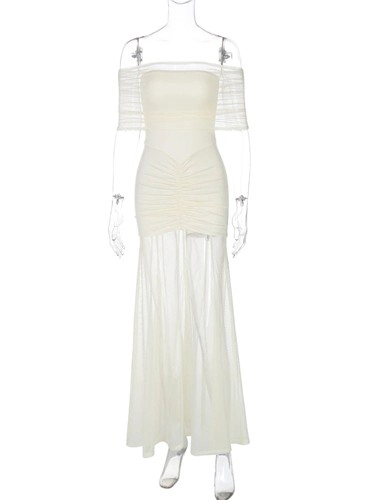 the KENDALL - Sexy Elegant Evening Slim Off Shoulder Mesh Maxi Dress