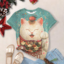 the LUCKY CAT - Lucky Cat Cartoon Print Fashion Casual Short Sleeve Oversized T-Shirts for Women