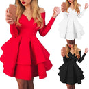 the ROYALE - Elegant Women Long Sleeve V-Neck Off Shoulder Large Swing Ruffled Hem Mini Dress