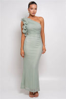 the CASCADE - Shoulder Floral Mesh Ruched Sexy Maxi Dress for Women, Gown Oblique Shoulder Sleeveless Backless Bodycon Long Dress