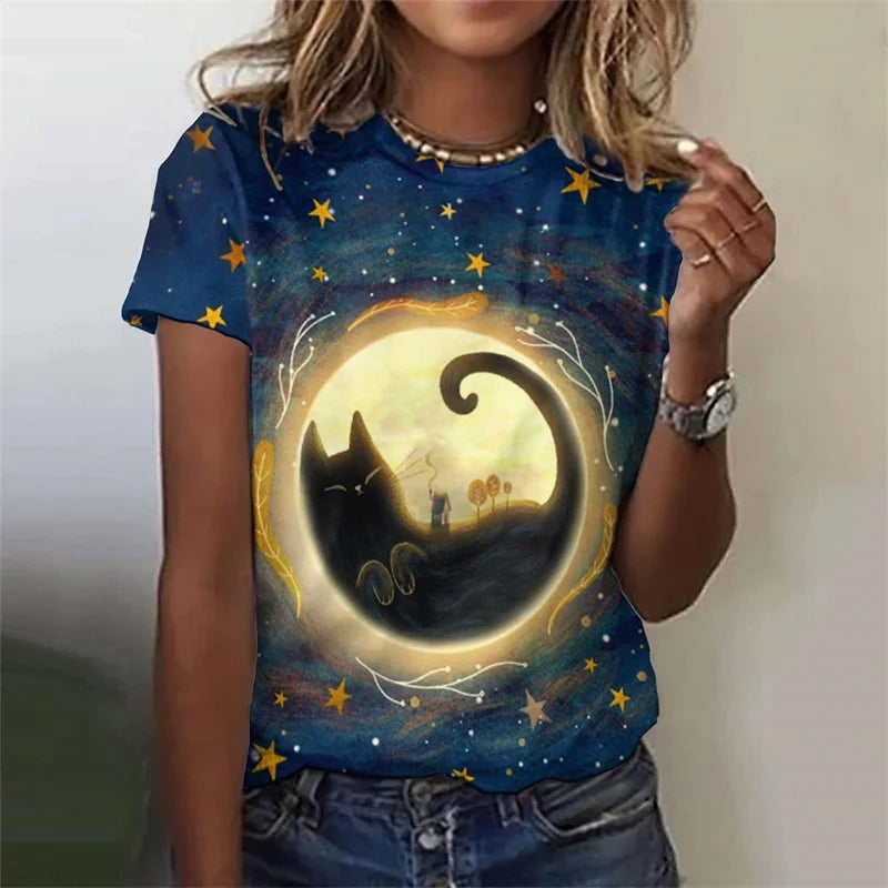 Cartoon Night Cat Pattern T-Shirt For Women Flash Stars Moon 3D Printed Tees Summer Loose T Shirts O-Neck Tops Short Sleeves