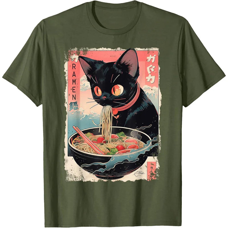 the NOODLE CAT - Delicious Noodles 3D Printed Short Sleeves O-Neck Loose T-Shirts for Women