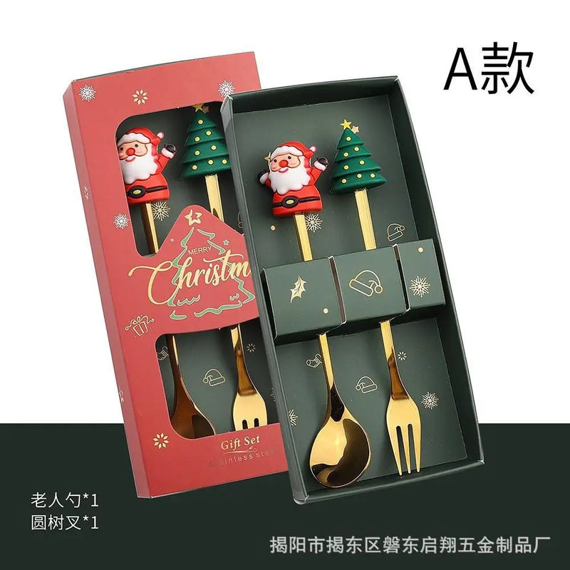 the FANCY SERVING - Christmas Gift Elk Head Christmas Tree Shape Stainless Coffee Spoon Set New Year Christmas Decoration Navidad 2025 Gifts