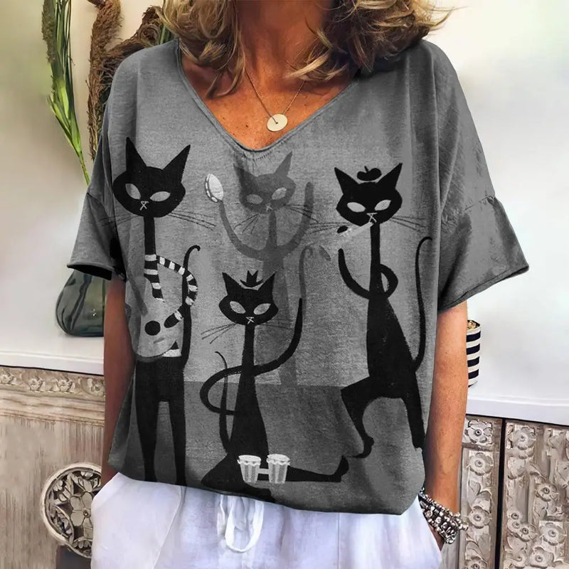 the DECO ART CAT - Cat Print Loose Leisure Summer Short Sleeve V-Neck T-Shirts for Women