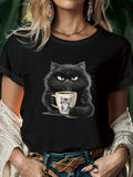 the GRUMPY COFFEE CAT - Cute Coffee Drinking Cat Short Sleeved O-Neck Casual T-Shirt for Women