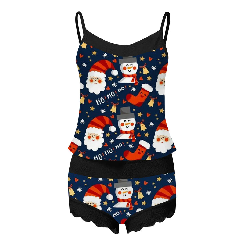 the SHORTY SANTA - Christmas Shorts Suits Sexy Sleepwear Lingerie Cute Cartoon Santa Claus Print Women Lace Stitching Slings Tops + Shorts Sets