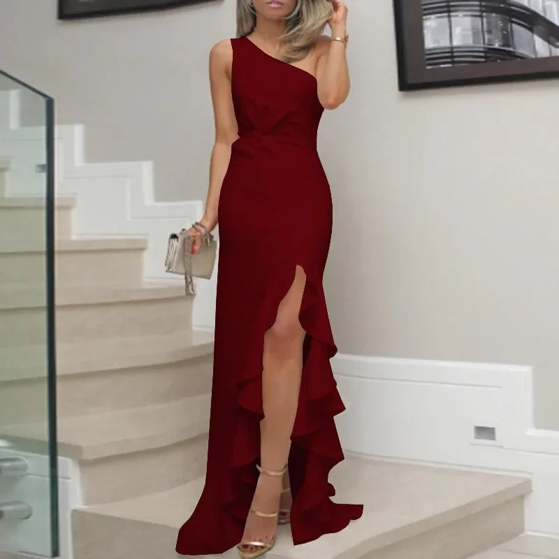 the SANDRA - Sexy Sleeveless One Shoulder Gala Evening Floor Length Dress Prom Gown Elegant Ruffle Party Dress