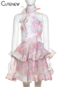 the DIXIE PIXIE - Halter Lace Up Sweet Women Mini Dress, Sexy Backless Ruffle Stacked A-Line Bodycon Female Fashion Princess Party Dress