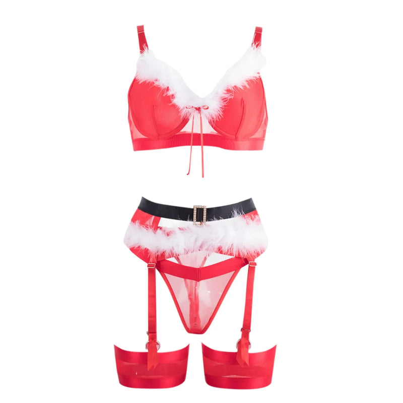 the SANTA BABY - Fun Lingerie Red Plush Sexy Lingerie Set Red Christmas Bra + Thong Christmas 3 Pieces Set Exotic Charm Party Costume Cosplay Set