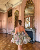 the ELEGANT ROSE - Chiffon Ruffle Dress for Women, Fashion Print Mini A-Line Holiday Party Dresses, Summer Sexy Backless Strapless Dress