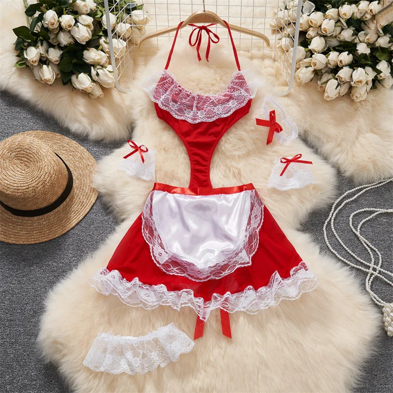 the SECRET SANTA - Christmas Red Top Sexy Patchwork Bodysuit Cosplay Erotic Lingerie Winter Strap Pajamas Nightwear