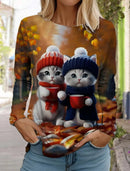 the CHRISTMAS CATS - Fashion Christmas Long Sleeved Casual Christmas Cute Cat & Dog Holiday T-Shirts for Women