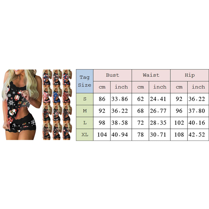 the SHORTY SANTA - Christmas Shorts Suits Sexy Sleepwear Lingerie Cute Cartoon Santa Claus Print Women Lace Stitching Slings Tops + Shorts Sets