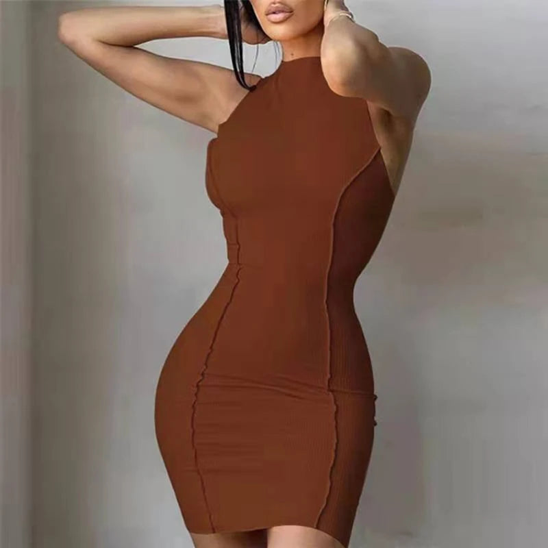 the HEIDI - Sexy Slim Wrap Hip Solid Patchwork O-Neck Sleeveless Mini Dress