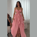 the PINK PRINCESS - Flounce Flower Pink Ladies Dinner Maxi Dress, Elegant Strapless Backless Pleat Sleeveless Sexy Spring New Chic Splicing Gown