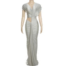 the SATIN SAND - Women Ruched Diagonal Collar Shorts Sleeve Waistless Slits Street Trend Elegant Long Bodycon Dress