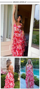 the FLOWER GIRL - Colorful Floral Printing Beach Long Dresses, Summer Chic Spaghetti Straps Backless Princess Fairy Maxi Dress