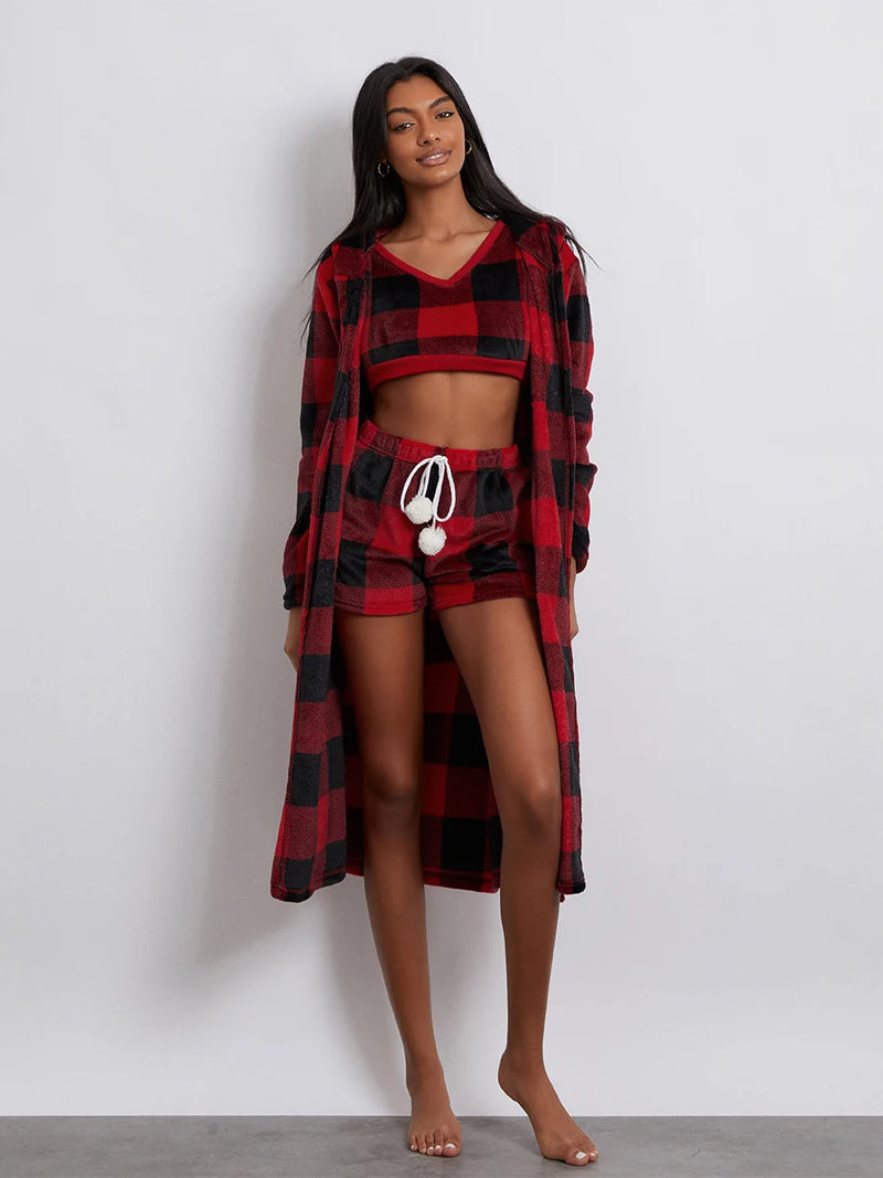 the PLAID PAJAMAS - Fall Winter Plaids 3 Piece Pajamas Sets Warm Loungewear Sleeveless Straps Crop Tank Tops+Shorts+Long Sleeve Robe