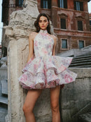 the DIXIE PIXIE - Halter Lace Up Sweet Women Mini Dress, Sexy Backless Ruffle Stacked A-Line Bodycon Female Fashion Princess Party Dress