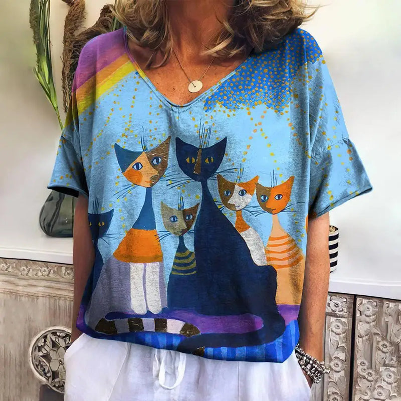 the DECO ART CAT - Cat Print Loose Leisure Summer Short Sleeve V-Neck T-Shirts for Women