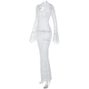 the LACE LUNCH DATE - Lace Transparent Sexy Hollow Out Maxi Dress, Elegant Outfits Women Flare Sleeve V-Neck Party/Club Dresses