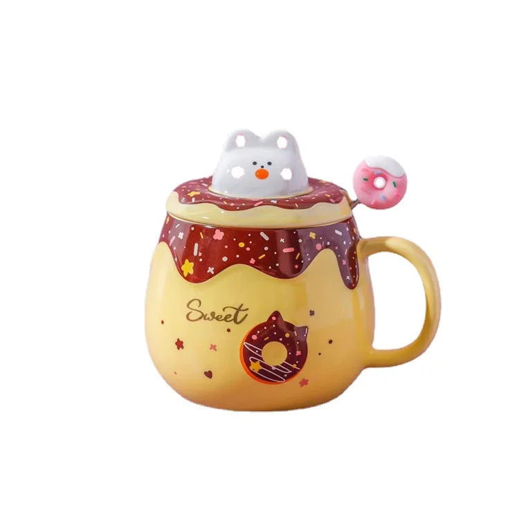 Cute Donut Ceramic Coffee Mug with 3D Animal Cat Lid and Stirrer, Kids Water Cup, Creative, Large Capacity, Gift for Girl, 400ml